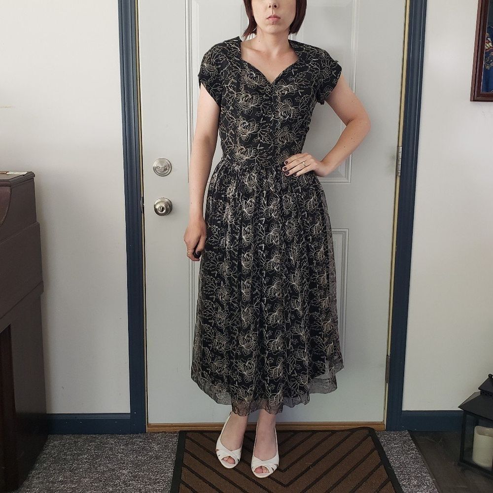 50s/60s Black Floral Embroidered‎ Dress